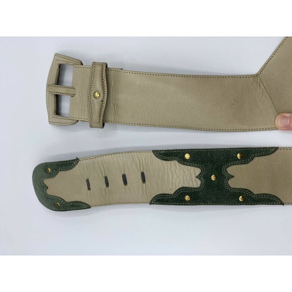 Vacher Cream Leather Green Suede Western Belt
